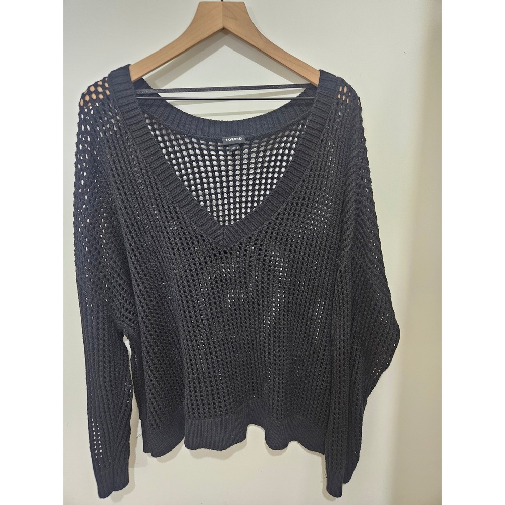Torrid Womens Black Open Knit V-Neck Sweater Size 2 2X Mesh Layering Top
